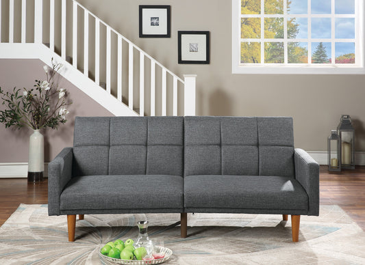 Tufted charcoal grey fabric sofa with wood legs ideal for modern living rooms