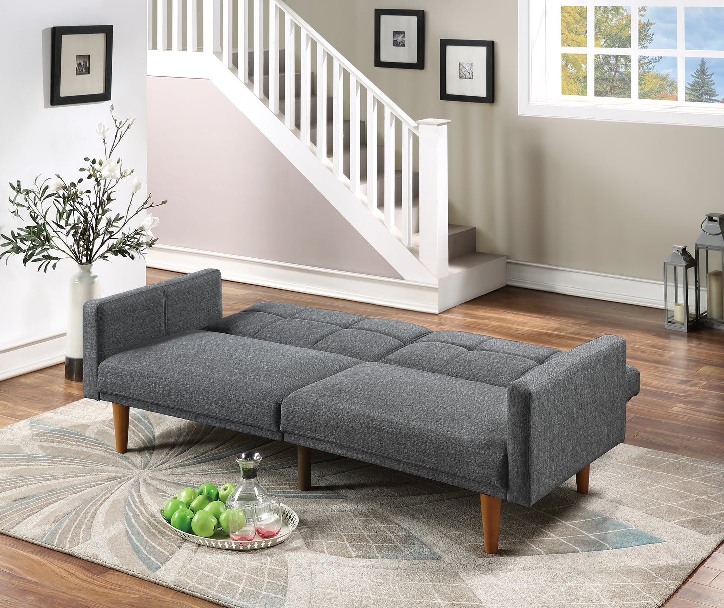 Dark gray linen tufted futon sofa with wooden legs a versatile seating solution