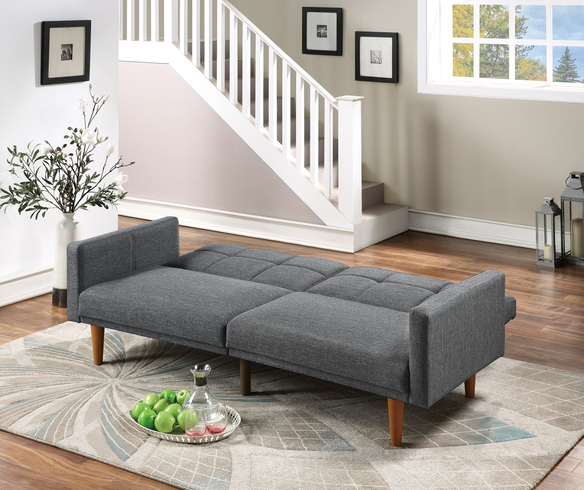 Dark gray linen tufted futon sofa with wooden legs a versatile seating solution