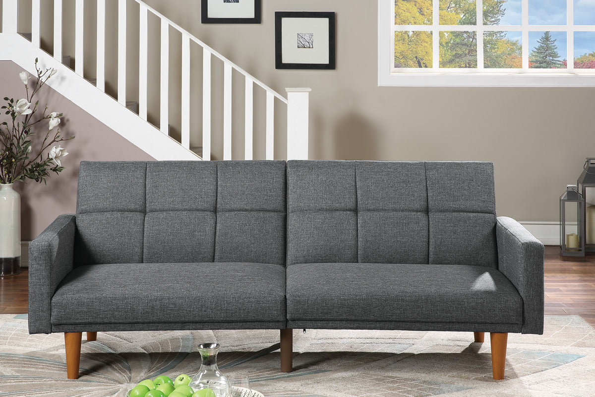 Tufted dark grey fabric sofa with wooden legs perfect for modern living rooms