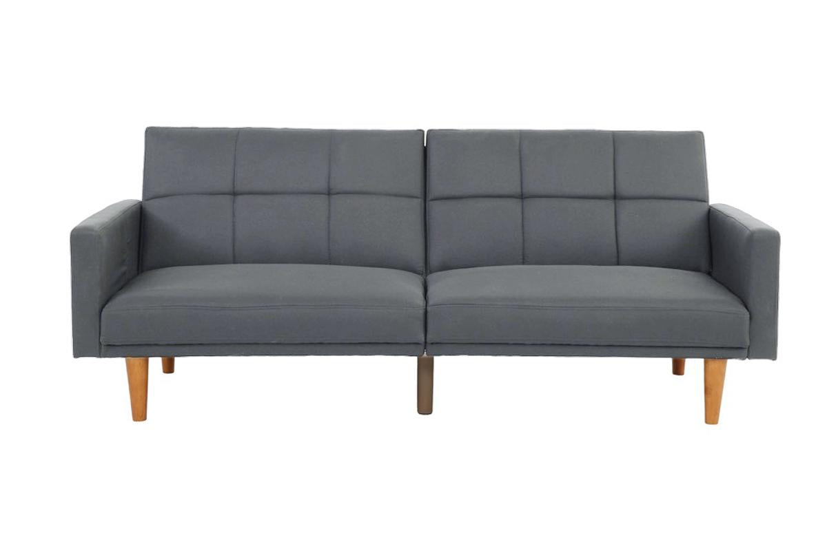 Grey upholstered convertible sofa with tufted cushions and midcentury modern wood legs