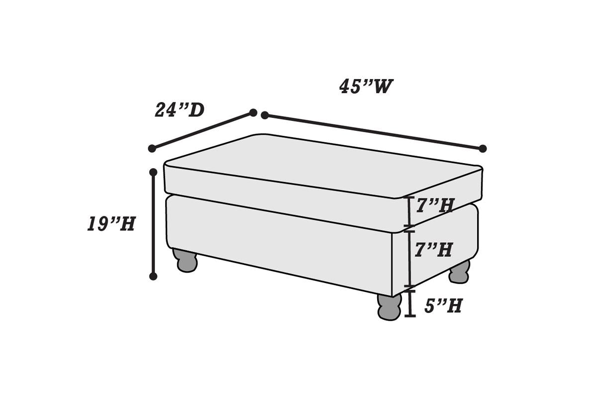 Diagram shows a rectangular ottoman with dimensions W x D x H