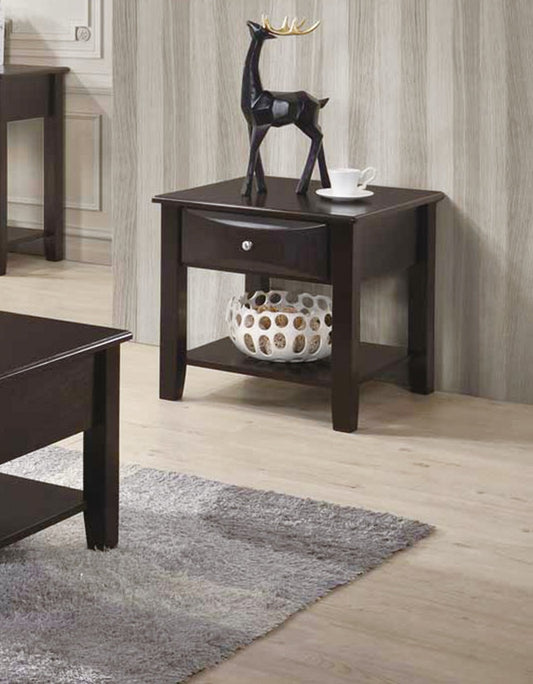 Dark brown wooden end table with a single drawer and open shelf