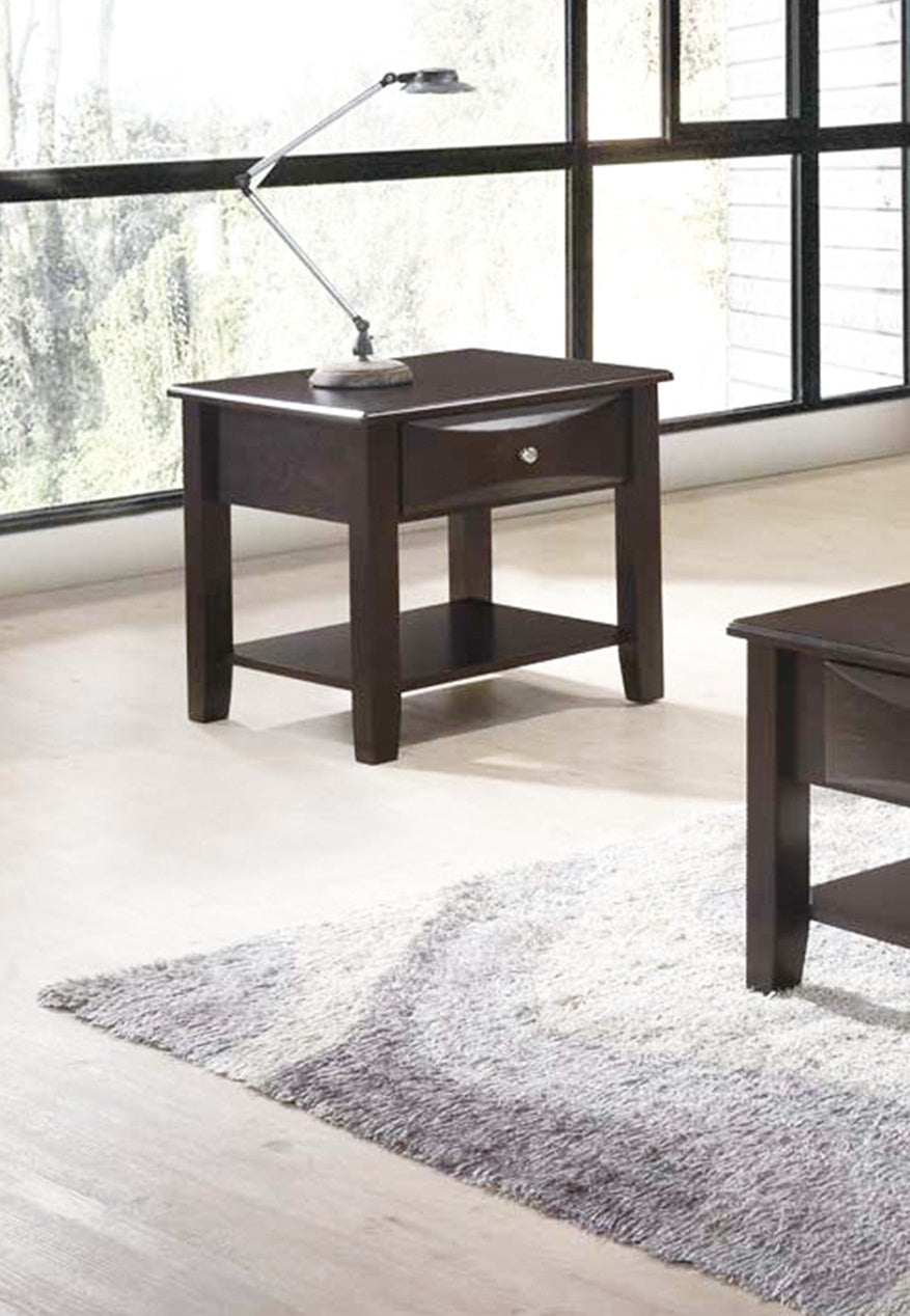 Dark espresso end table with one drawer and open shelf next to large window