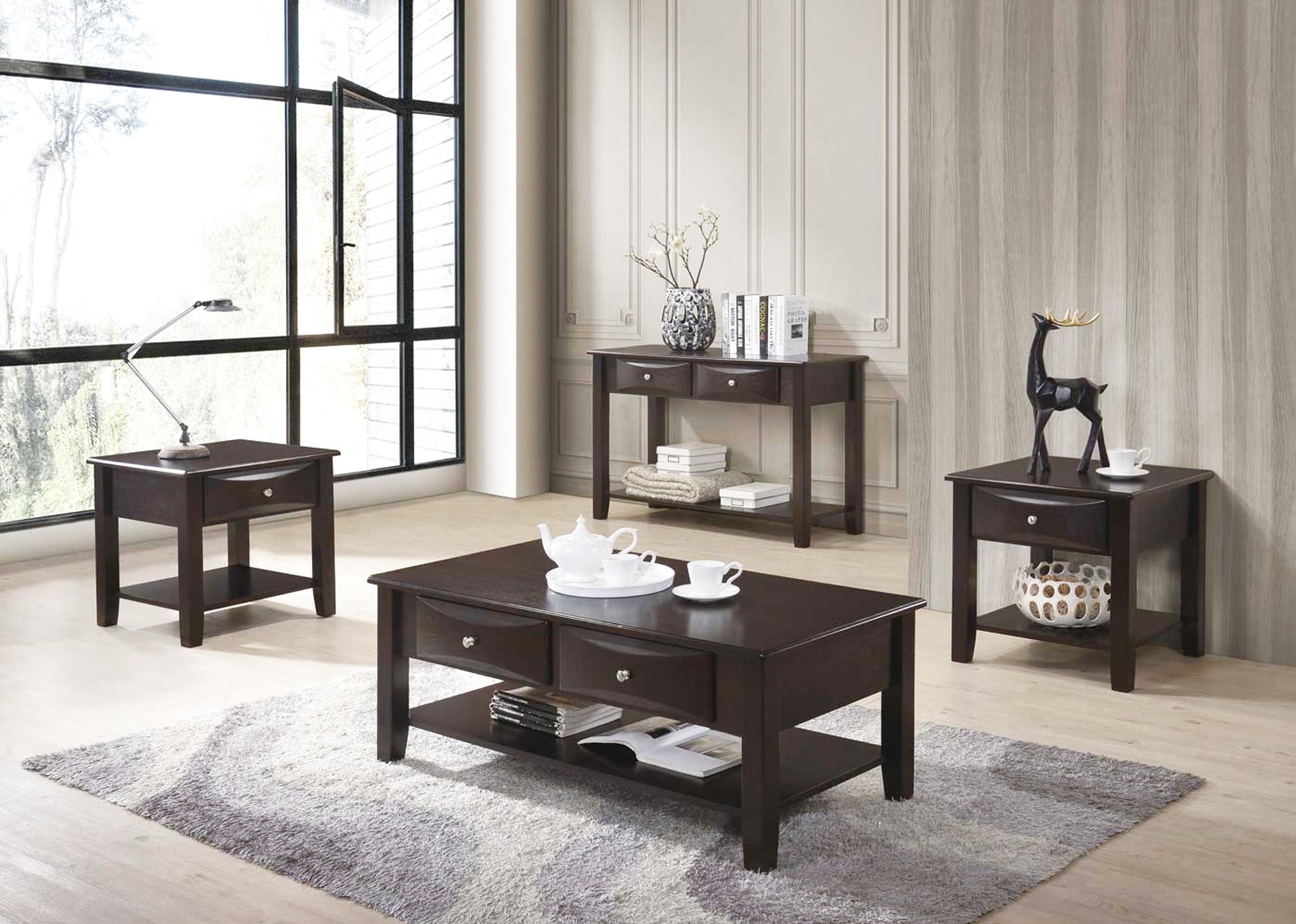 Dark brown wood coffee table with two drawers and lower shelf