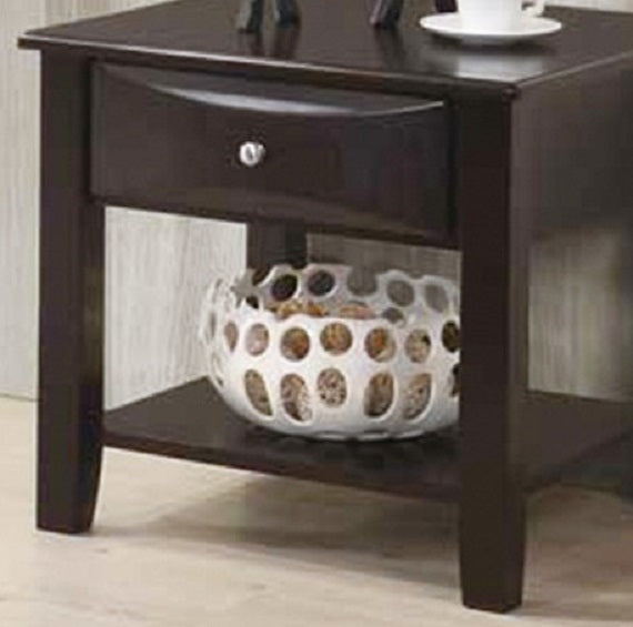 Dark brown wooden nightstand with one drawer and an open shelf holding a white decorative bowl