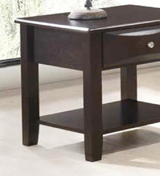 Dark brown wooden end table with one drawer and open shelf for living room storage