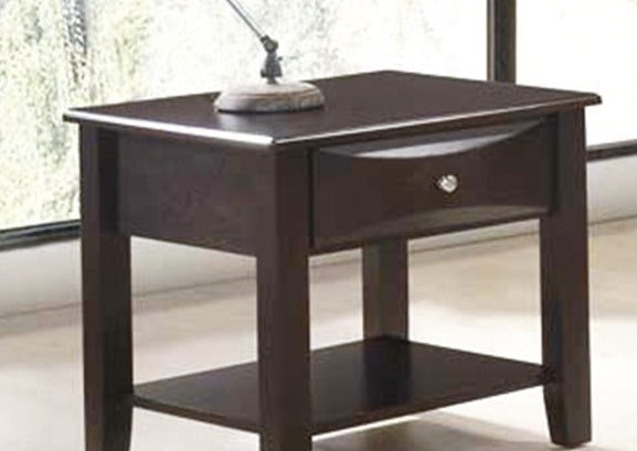 Dark wood end table with one drawer and open shelf