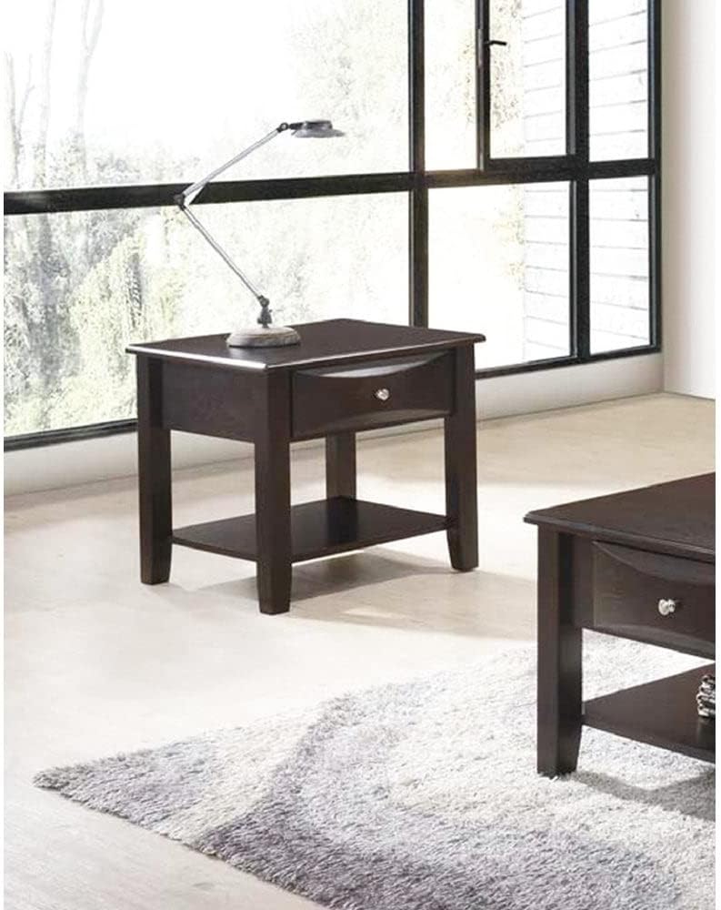 Dark brown wooden end table with one drawer and lower shelf