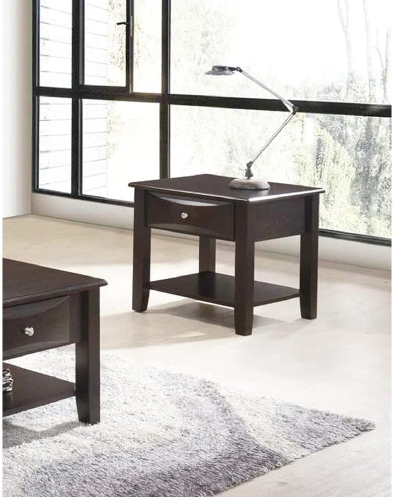 Dark wood end table with a single drawer and open shelf perfect for living rooms