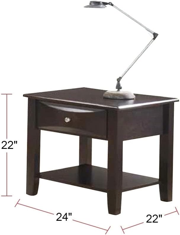Dark wood end table with one drawer and bottom shelf  inches high