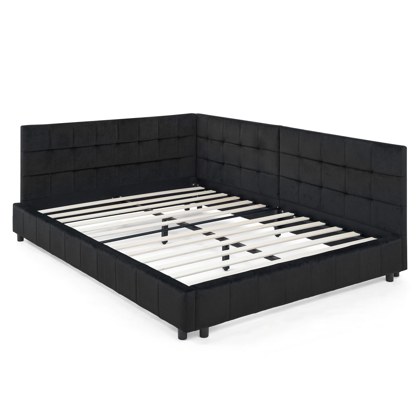 Black upholstered platform bed frame with tufted headboard