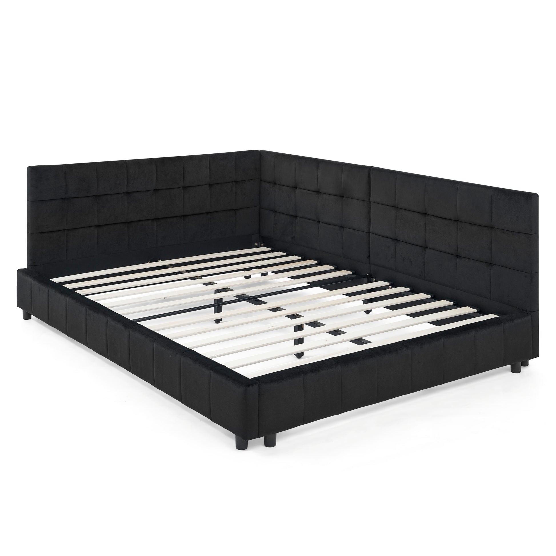 Black upholstered platform bed frame with tufted headboard