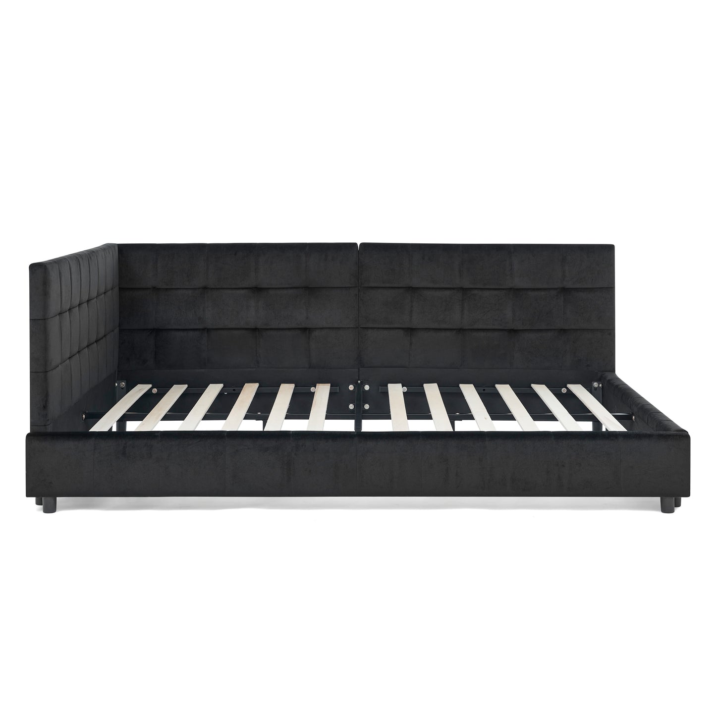 Black velvet bed frame with tufted headboard and slatted base