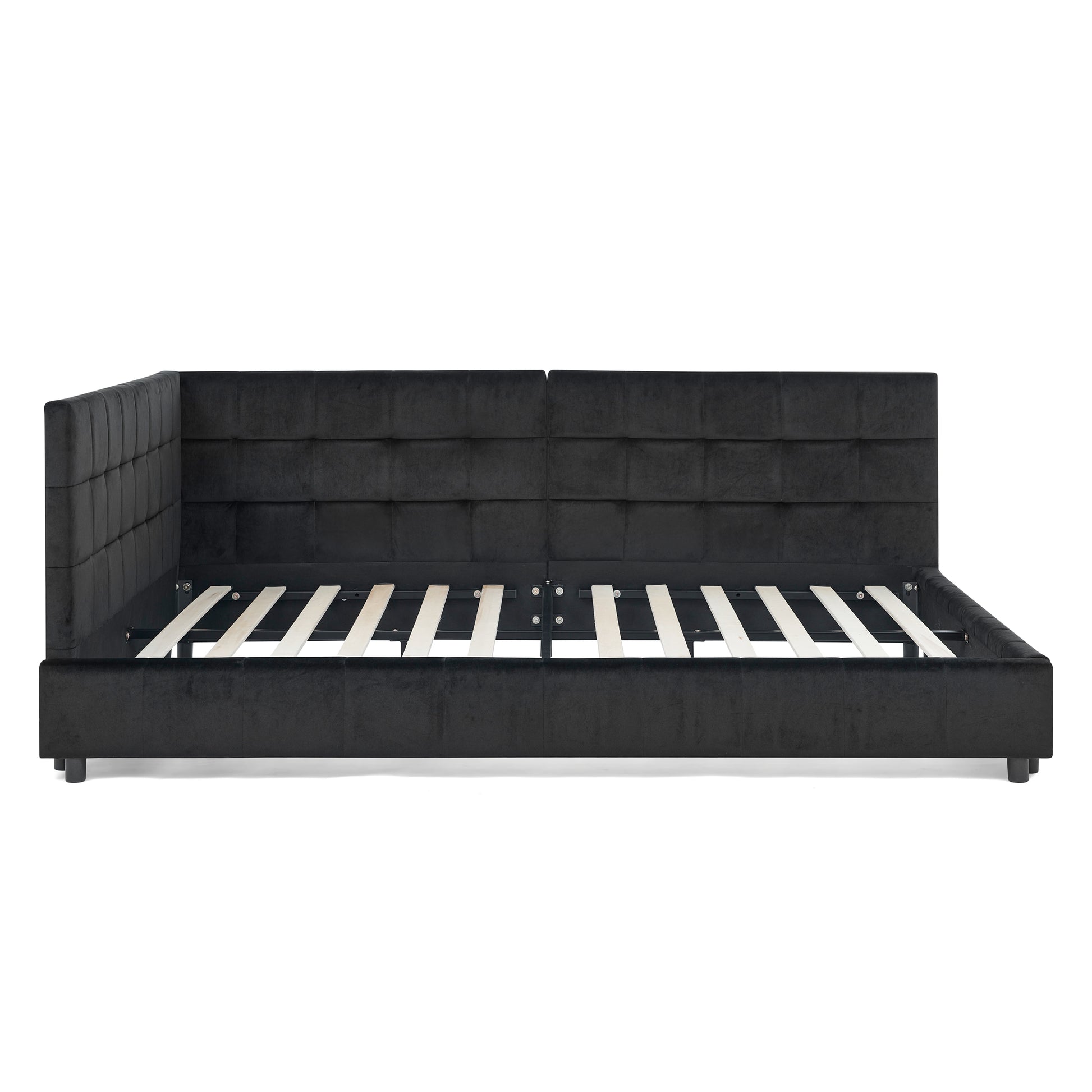 Black velvet bed frame with tufted headboard and slatted base