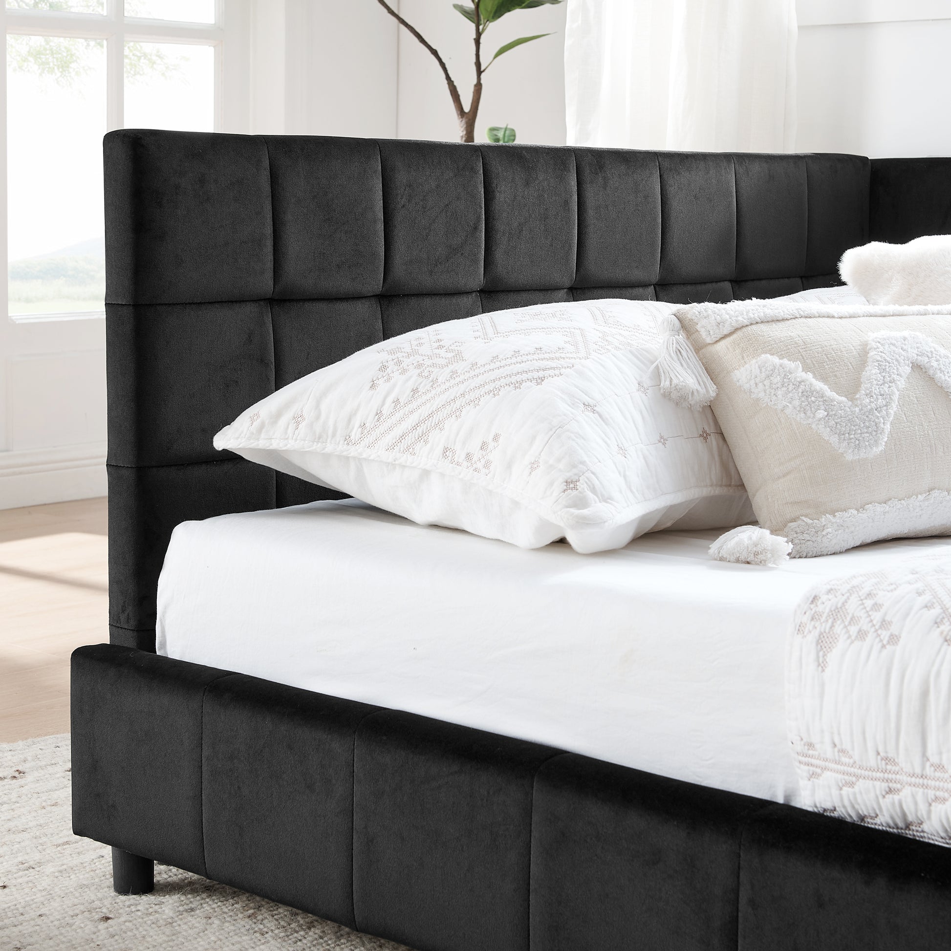 Tufted black velvet bed frame with upholstered headboard queen size