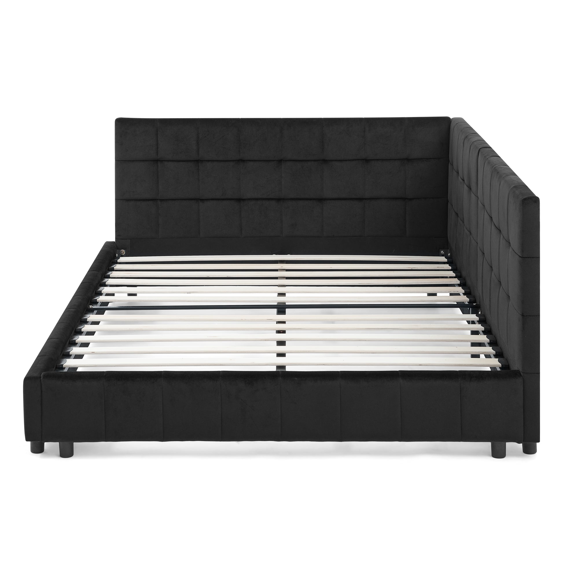 Black velvet tufted platform bed frame with wooden slats