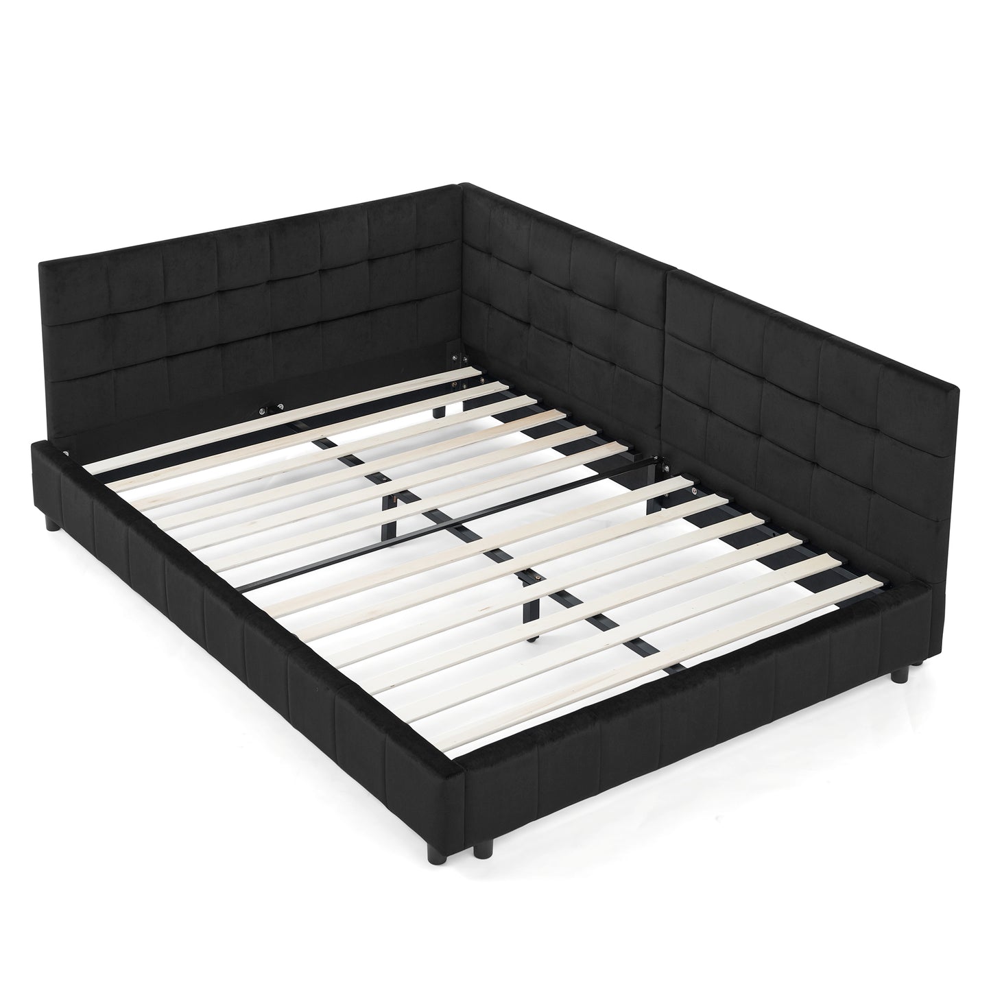 Black upholstered platform bed frame with tufted headboard and wooden slats for mattress support