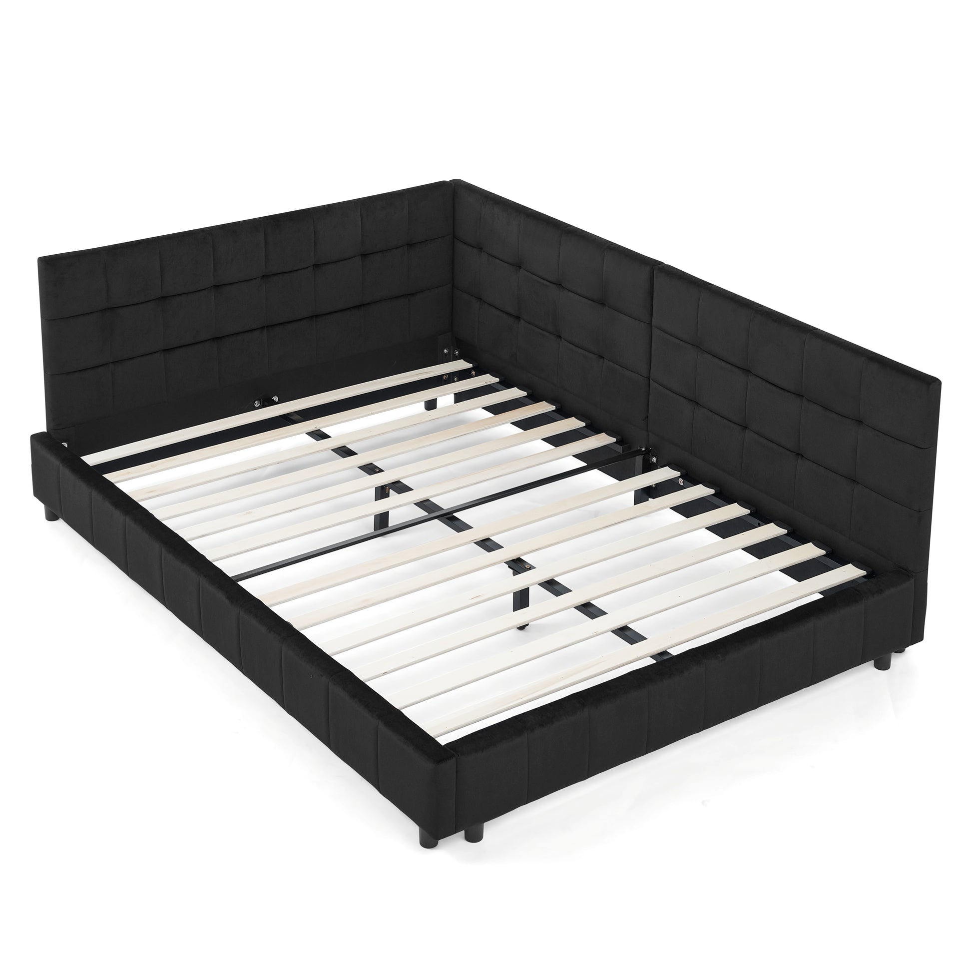 Black upholstered platform bed frame with tufted headboard and wooden slats for mattress support