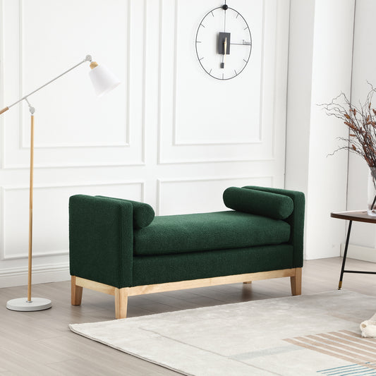 Emerald green boucle accent bench with wooden legs and rolled arms