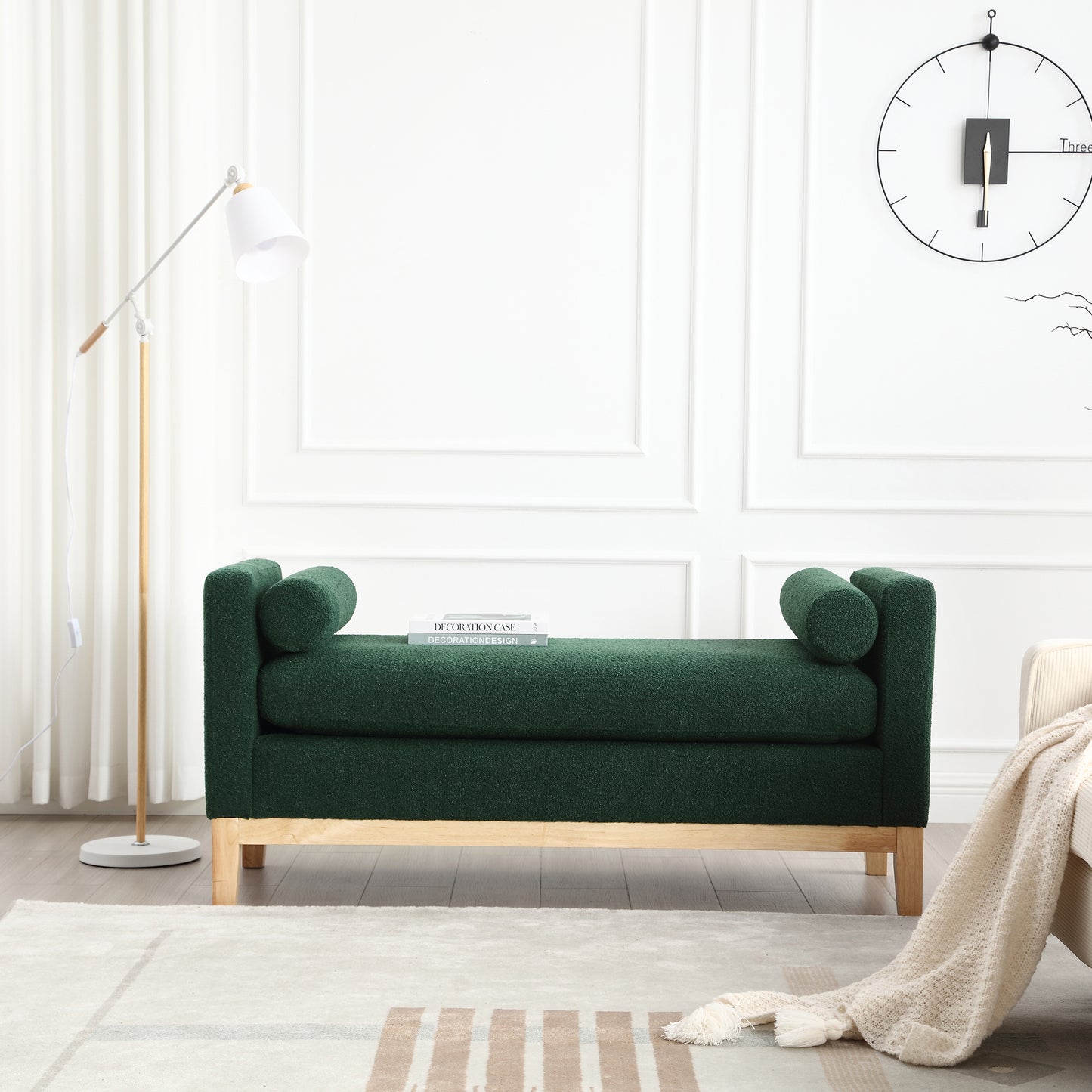 Modern emerald green boucl fabric bench with wooden legs