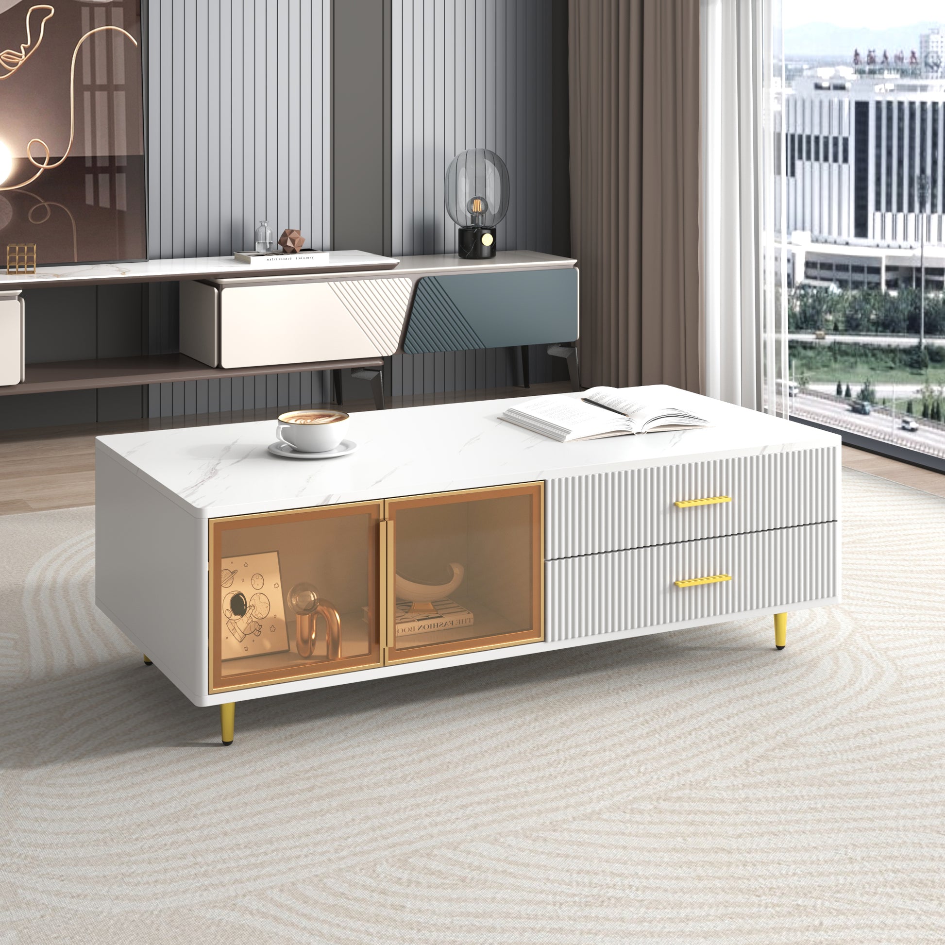 White marble coffee table with gold accents and amber glass doors two drawers