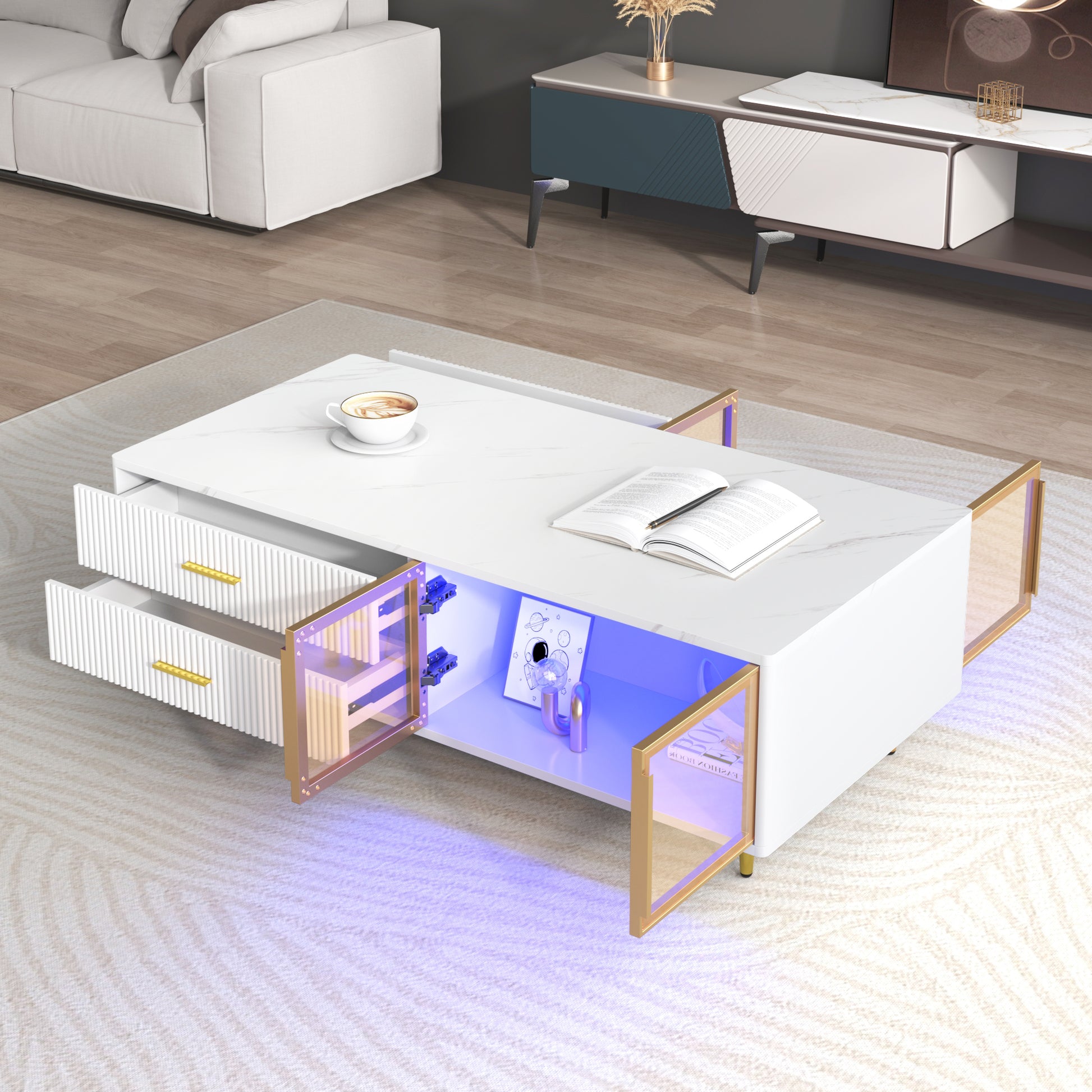Modern white marble coffee table with LED lighting and gold accents