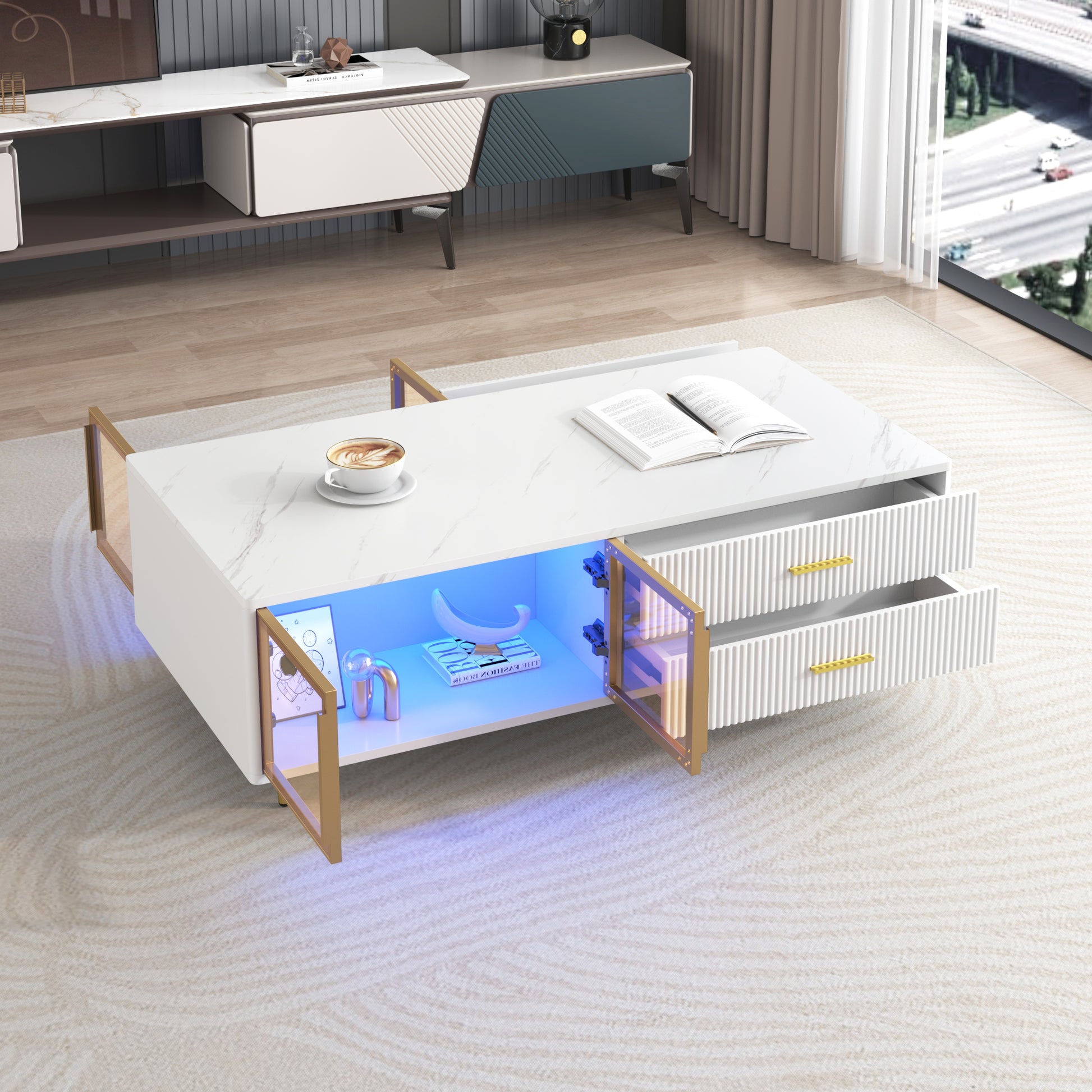 Modern white marble coffee table with gold legs featuring ribbed drawers and LED lighting