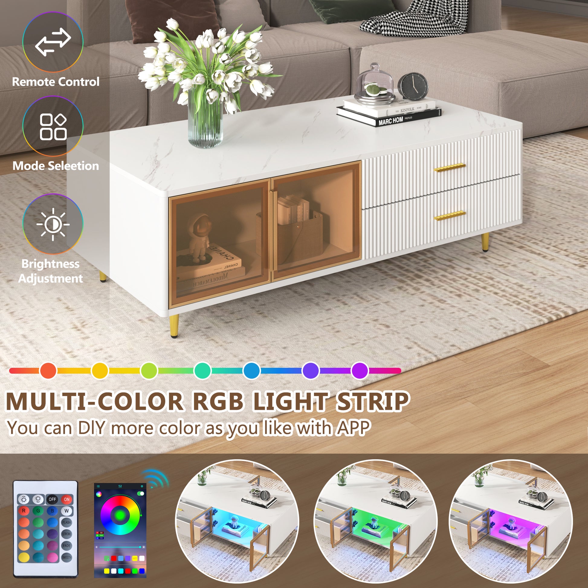 Modern white coffee table with marble top gold legs and glass cabinet doors