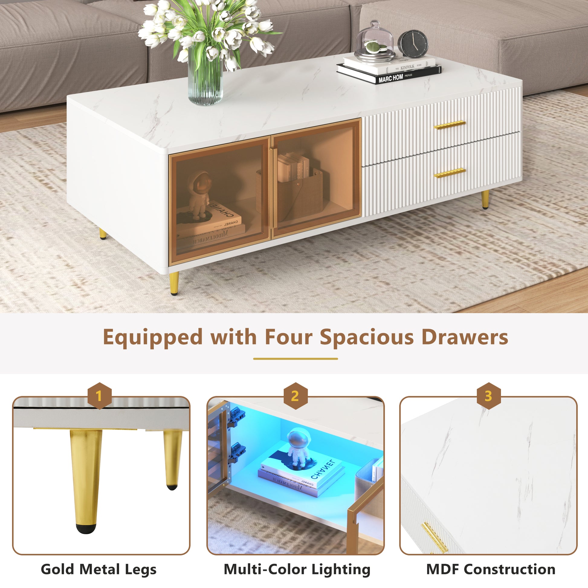 White marble top coffee table with gold legs and fluted drawer fronts