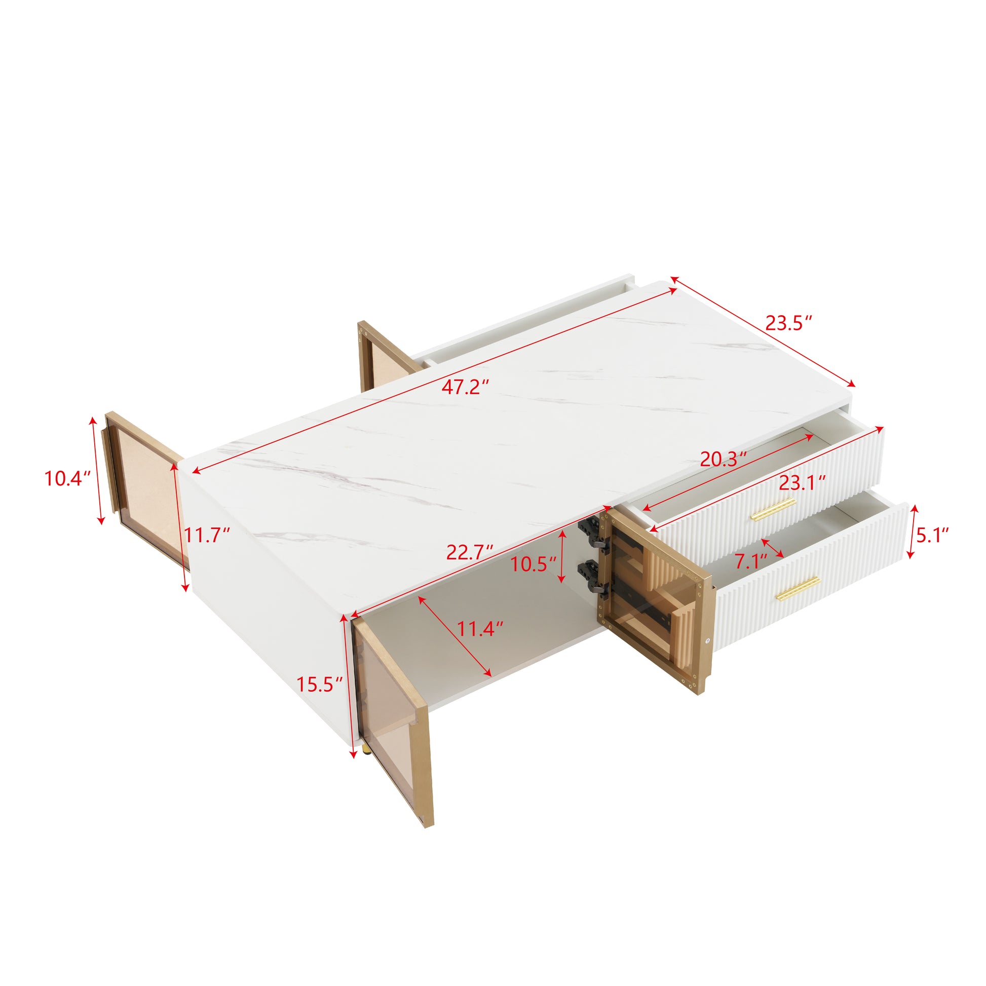 White marble coffee table with gold accents and two drawers  length