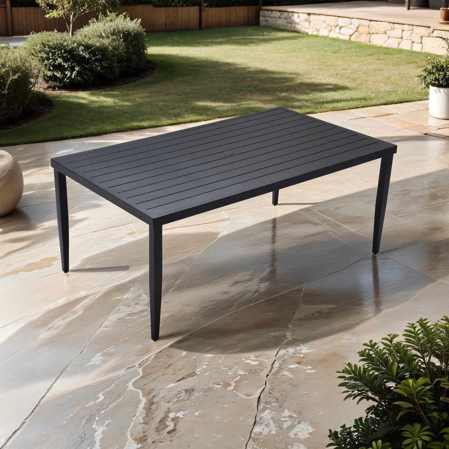 Sleek dark gray aluminum slatted outdoor dining table modern design