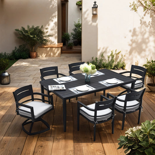 Black aluminum patio dining set with six chairs and a table