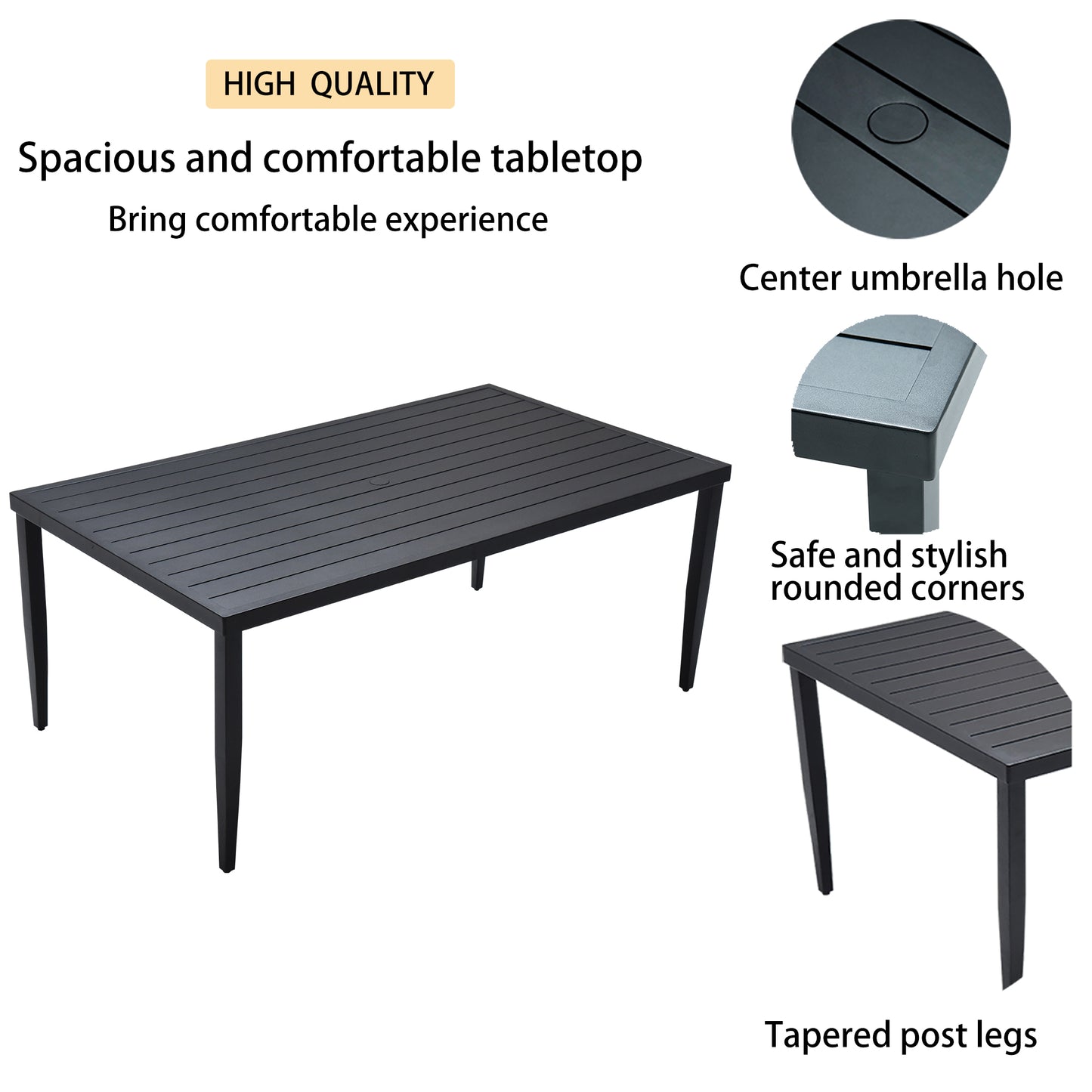 Dark gray rectangular patio dining table with slatted top and umbrella hole