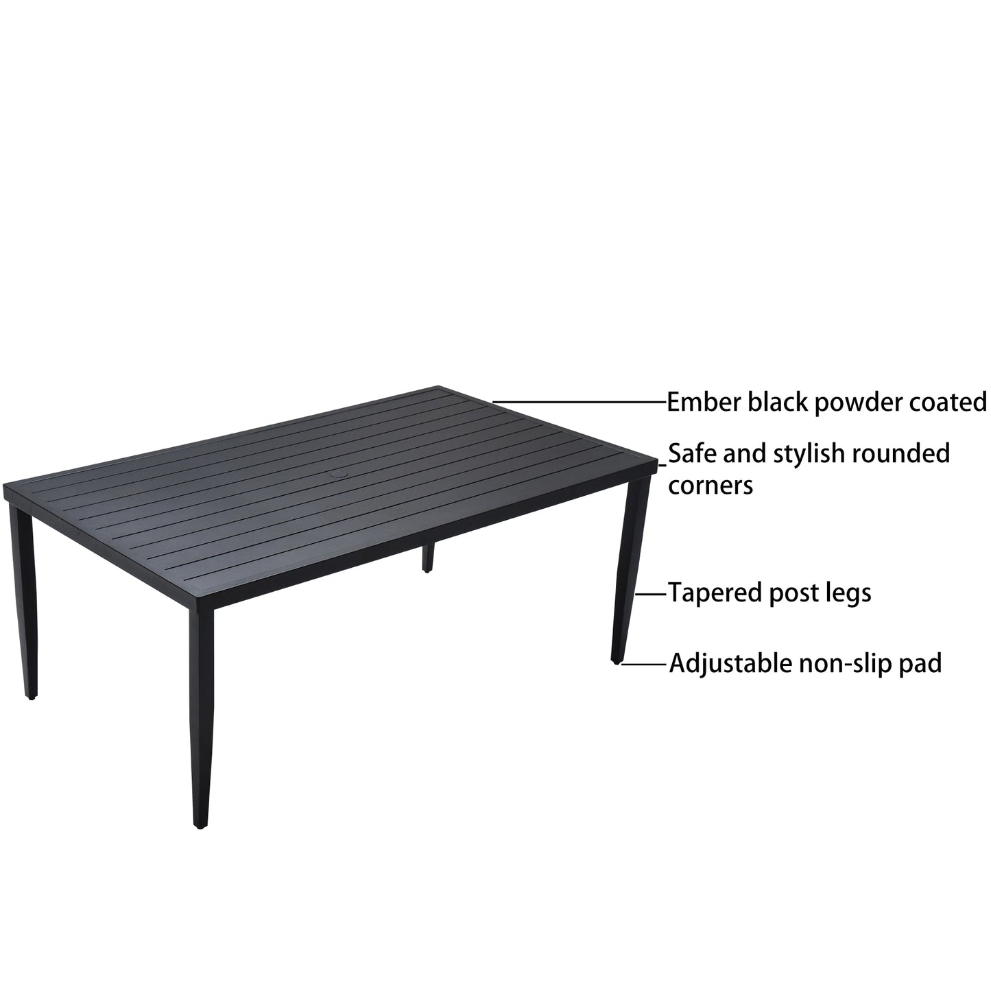 Ember black powder coated outdoor dining table with tapered legs