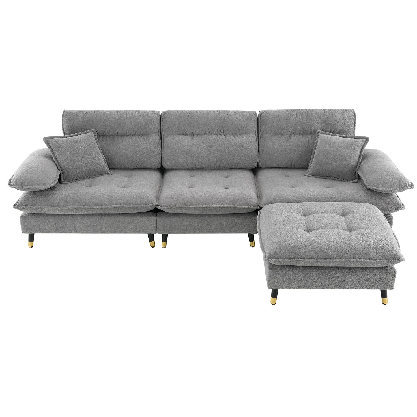 Tufted grey fabric sectional sofa with chaise lounge and matching ottoman