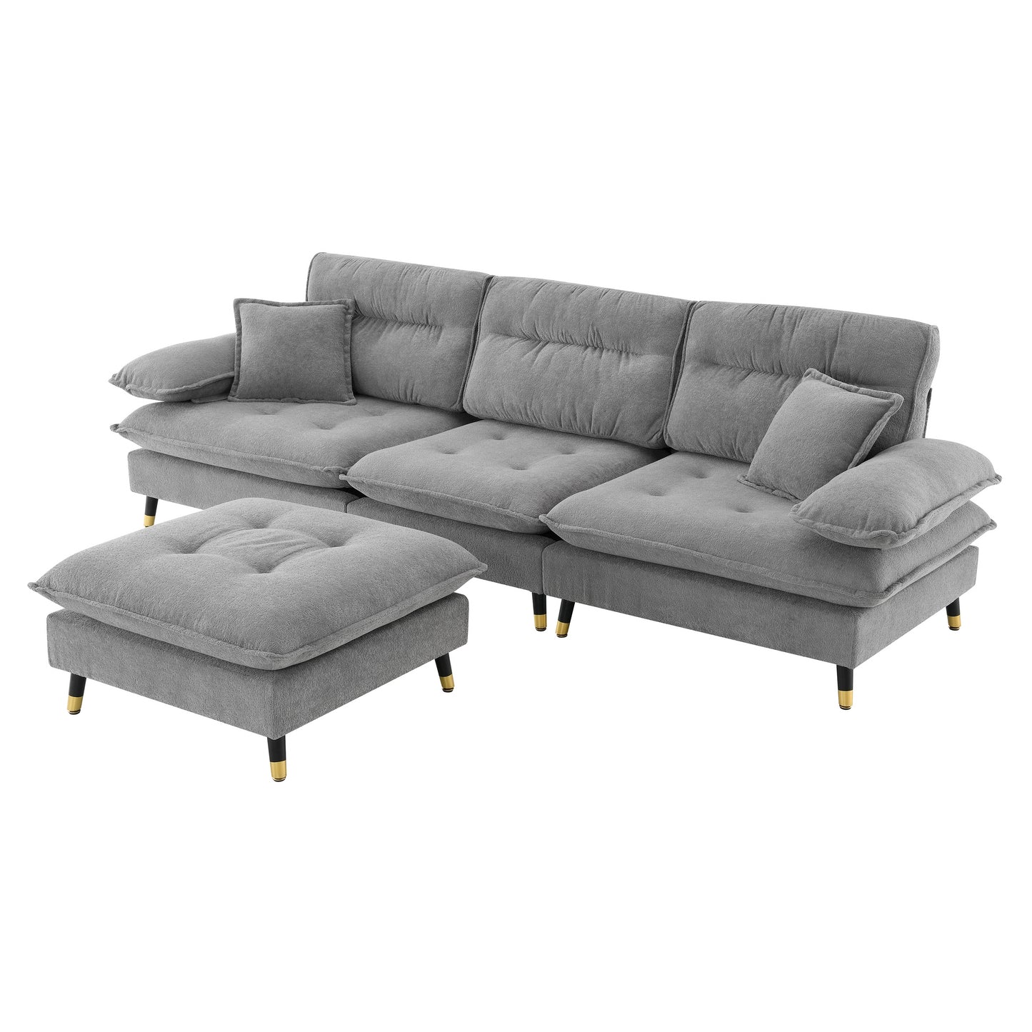 Tufted grey fabric sectional sofa with plush cushions and goldaccented black legs perfect for living rooms