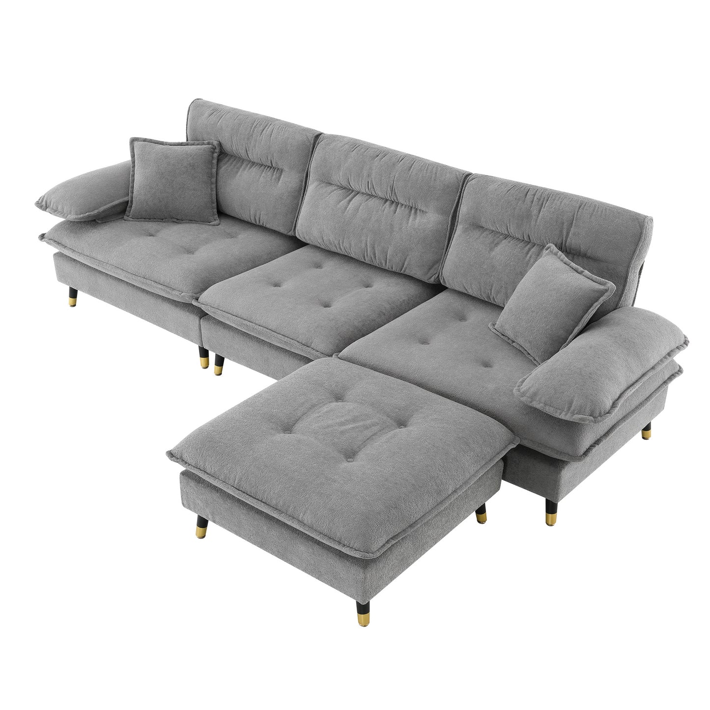 Gray fabric sectional sofa with tufted cushions and goldtipped legs perfect for living room seating