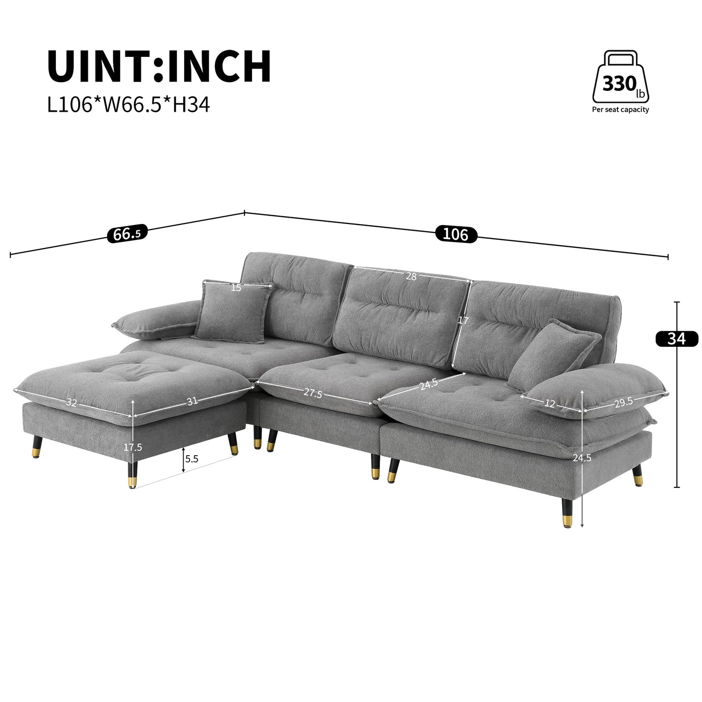 Gray fabric sectional sofa with chaise modern design and goldtipped legs for living room comfort