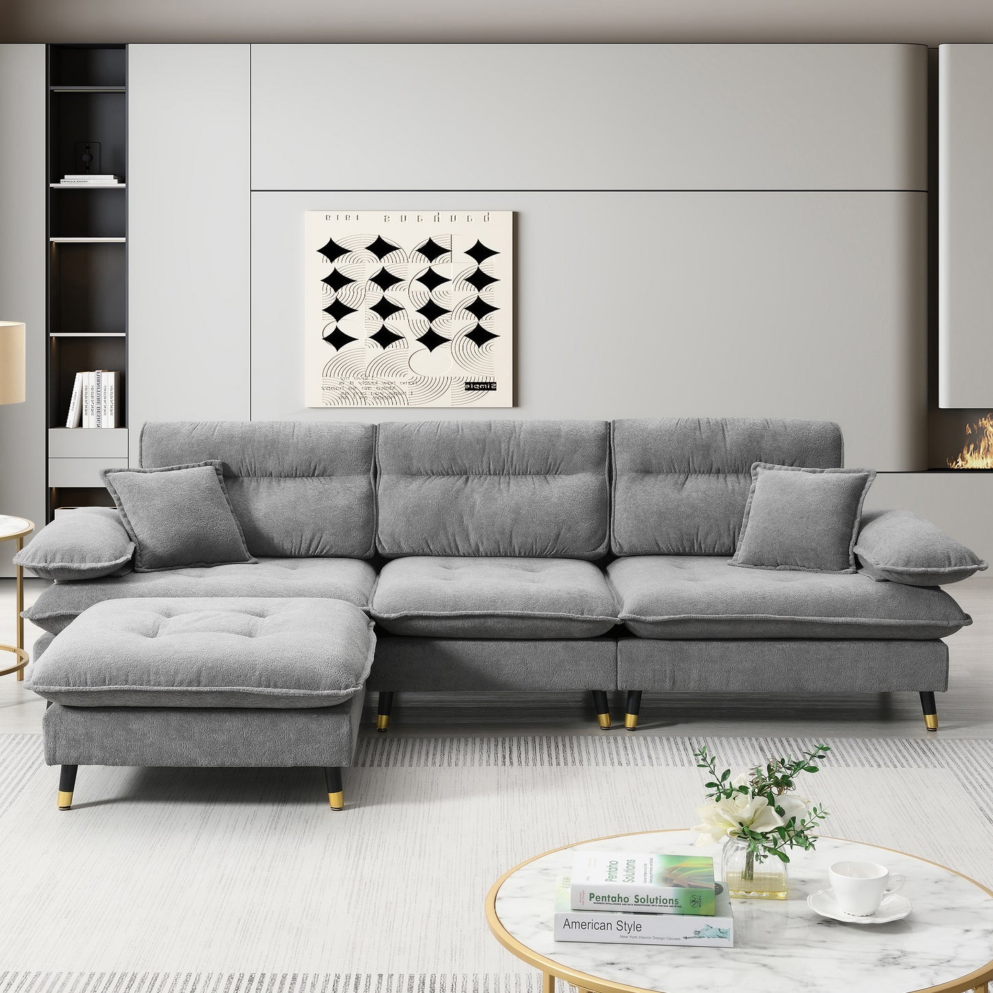 Plush grey fabric sectional sofa with tufted cushions and chaise perfect for living room seating