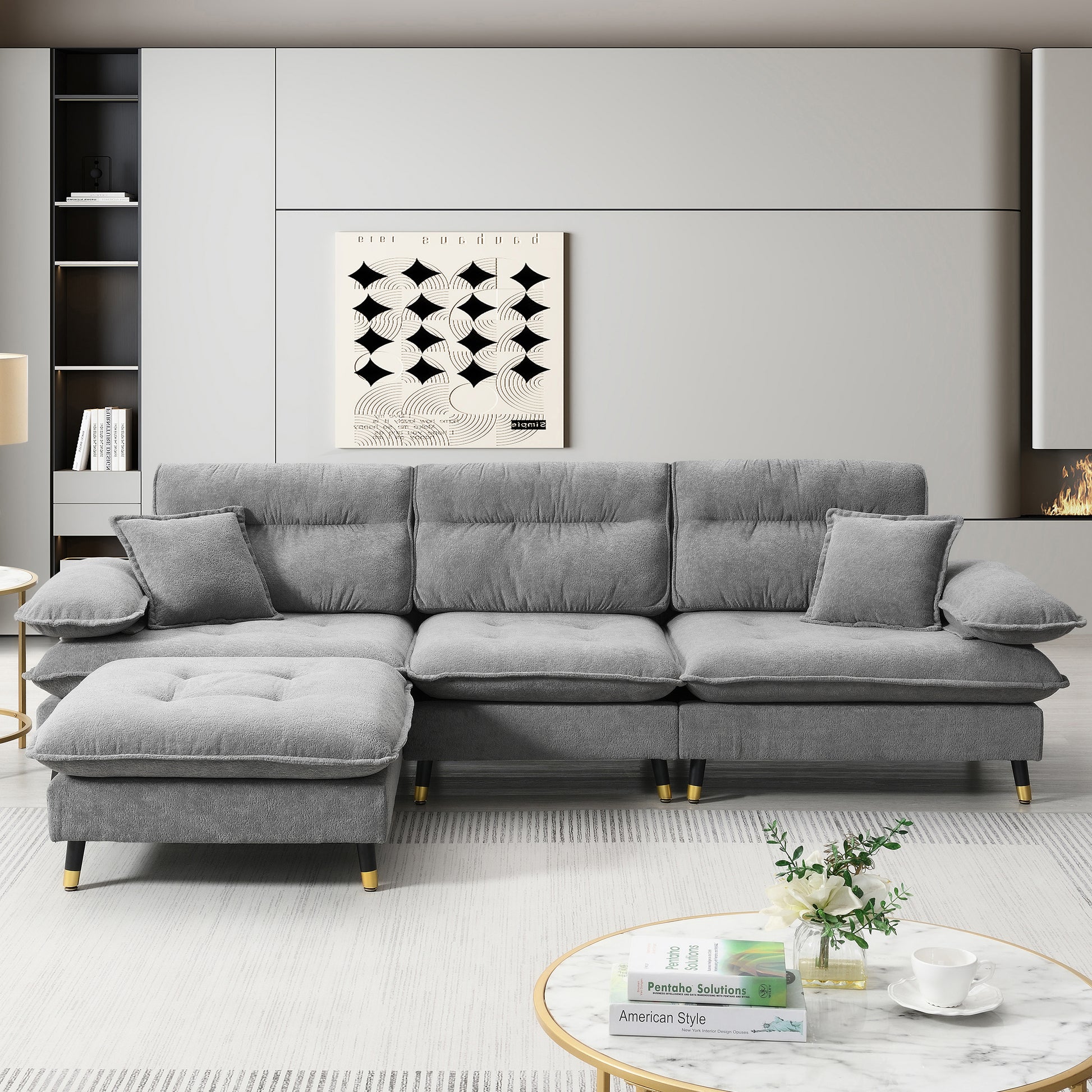 Plush grey fabric sectional sofa with tufted cushions and chaise perfect for living room seating