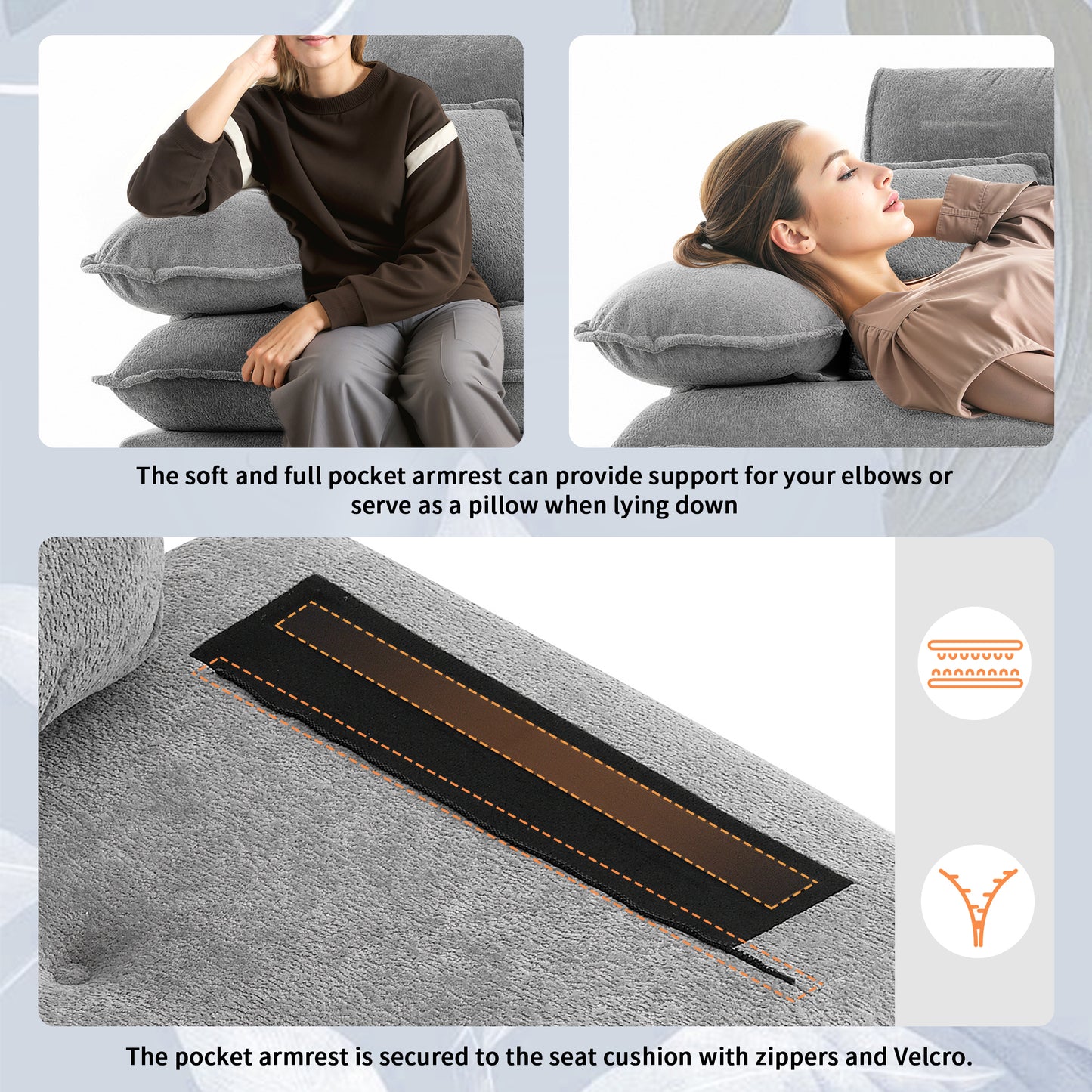 Grey plush sofa armrest with hidden zipper and velcro attachment system
