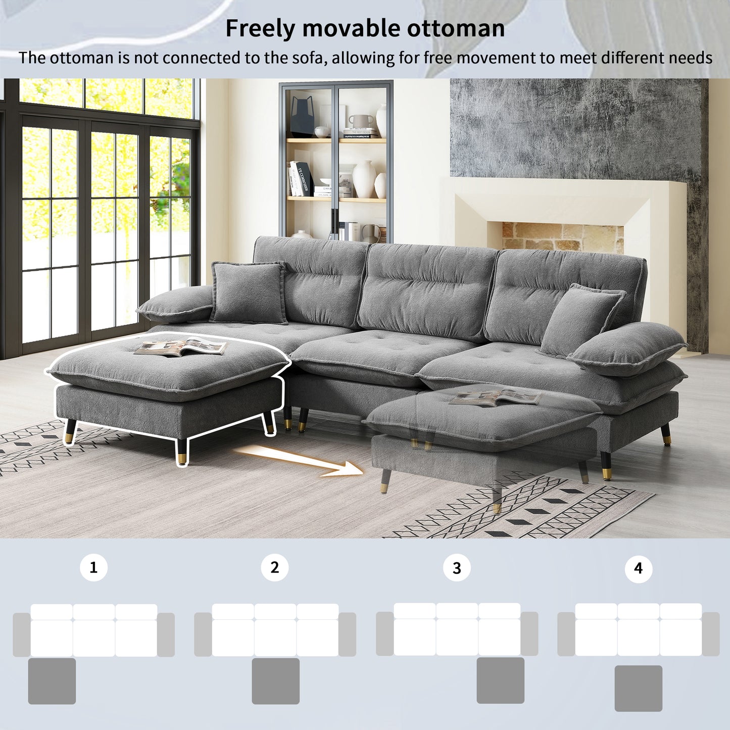 Gray fabric sectional sofa with a movable ottoman and goldtipped legs