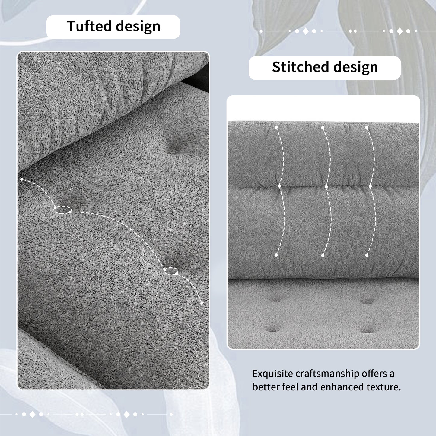 Closeup of grey fabric with tufted design and visible buttons for sofa