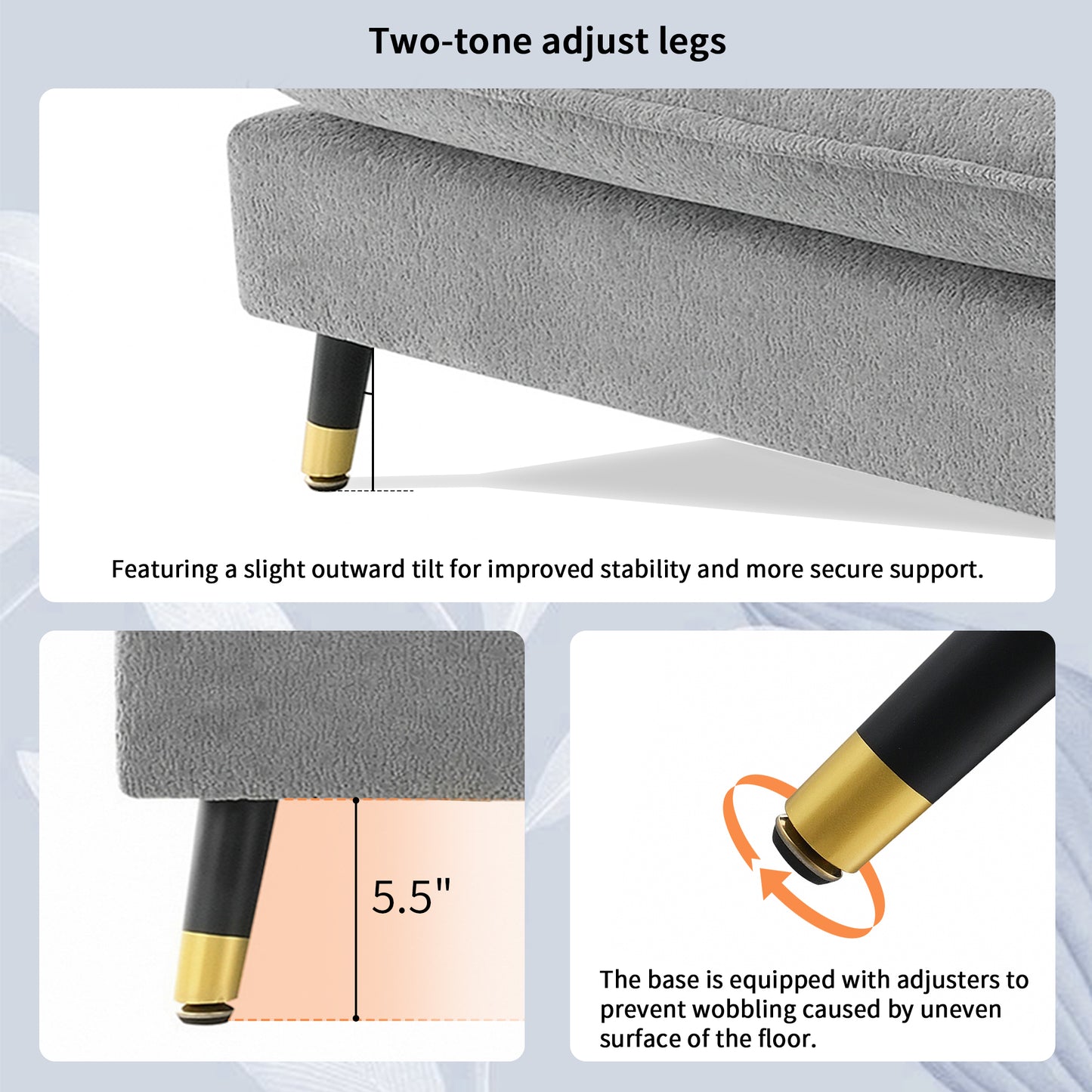 Gray textured sofa detail with black and gold adjustable legs