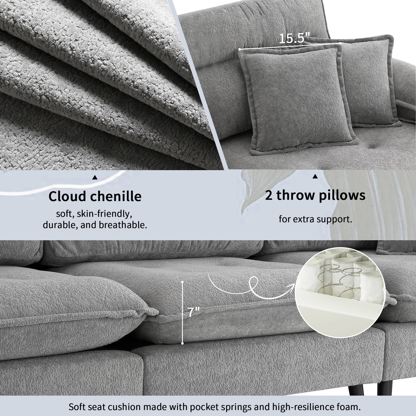 Cloud chenille fabric sofa with plush throw pillows and detailed cushion springs