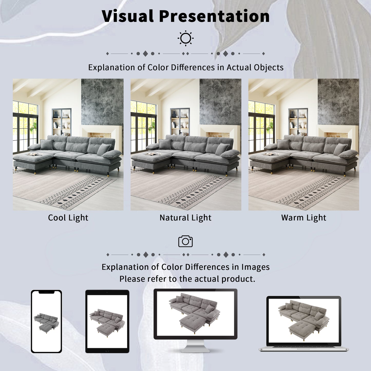 Gray sectional sofa with chaise lounge and ottoman shown under cool lighting