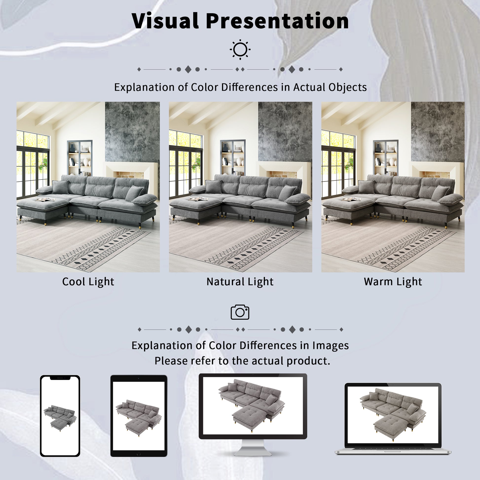 Gray sectional sofa with chaise lounge and ottoman shown under cool lighting