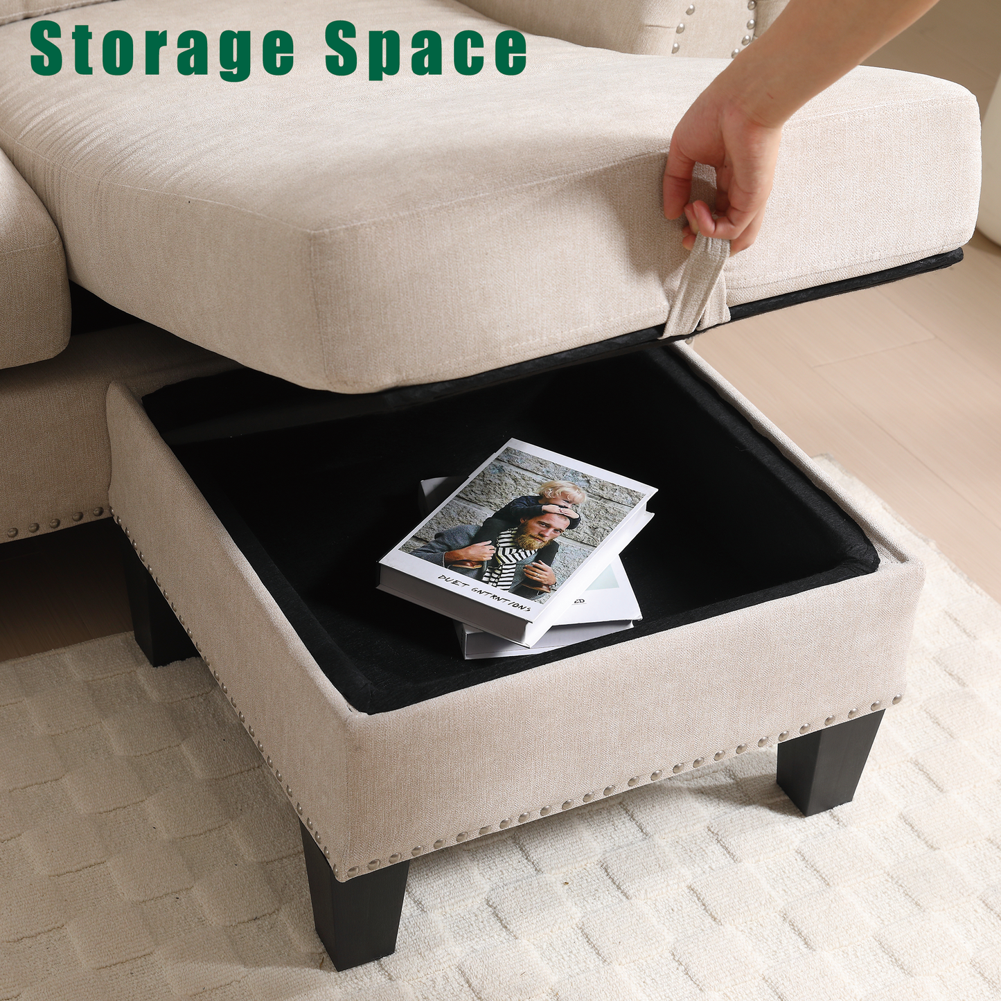 Beige linen storage ottoman with decorative nailhead trim revealing ample hidden storage space