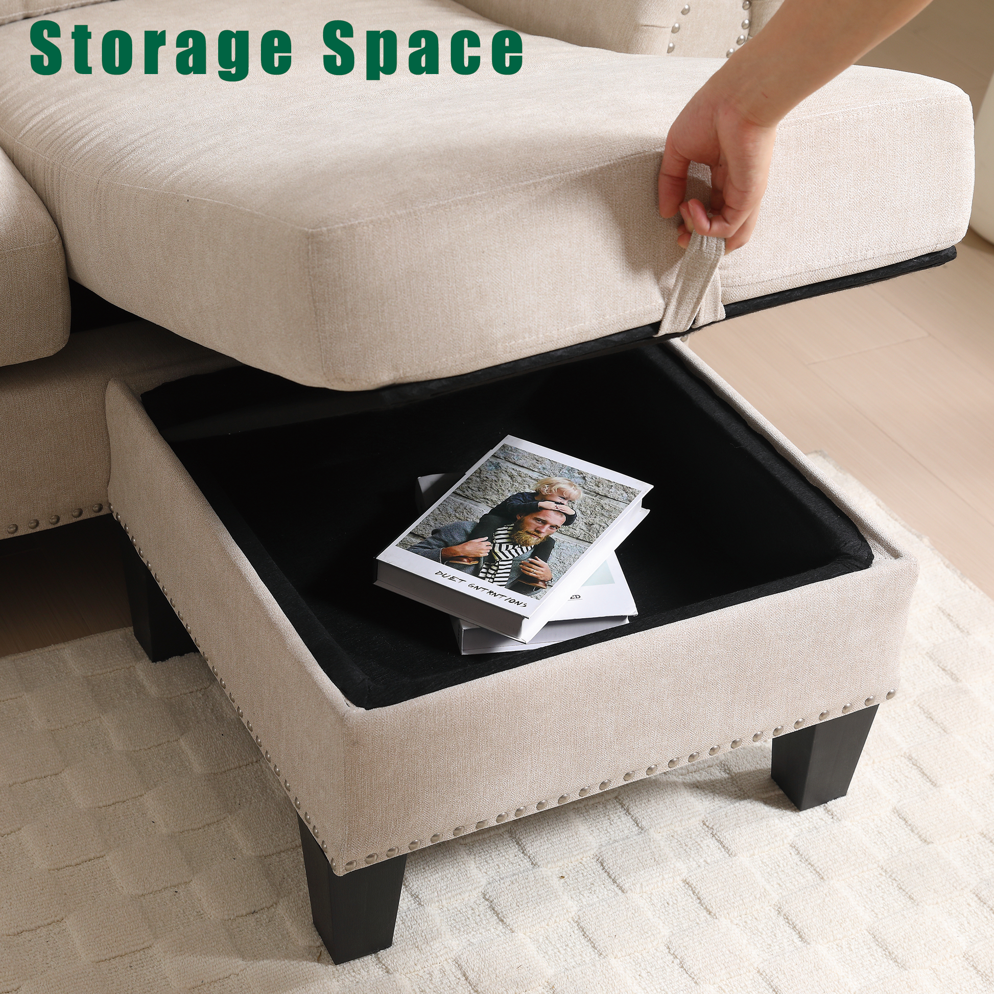 Beige linen storage ottoman with decorative nailhead trim revealing ample hidden storage space